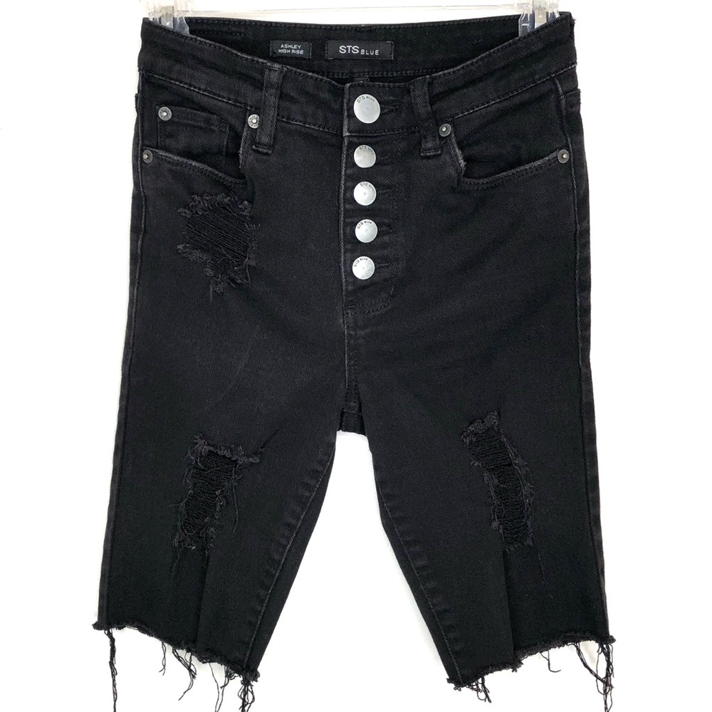 STS Blue Shorts Ashley High Rise Distressed Button Fly Raw Rayed Hem Black 0 - Picture 12 of 15